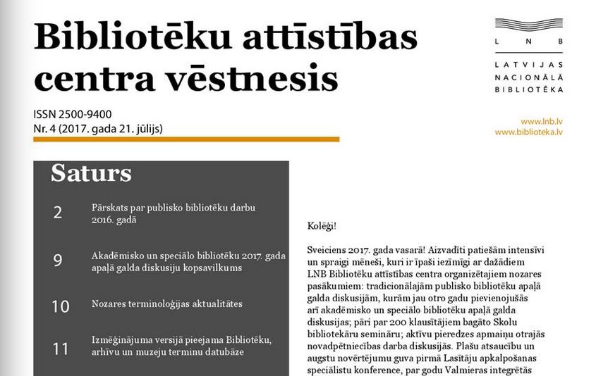 Iznācis Bibliotēku attīstības centra vēstnesis Nr. 4 Iznācis Bibliotēku attīstības centra vēstnesis Nr. 4