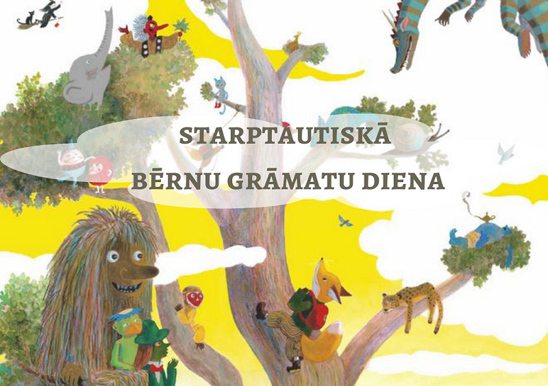 Ilustratīvs attēls - liels koks un zaros sēž, guļ dažādi dzīvnieki un grāmatu tēli - lapsa, Aladins, hameleons, zilonis, gliemezis un citi.