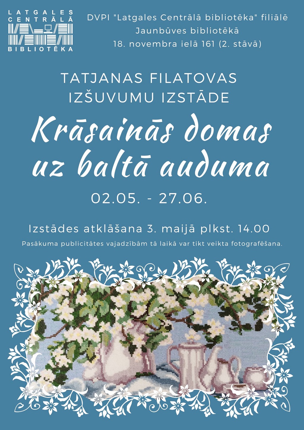 JNB Krāsainas domas uz baltā auduma Izstādes afiša ar informatīvo tekstu