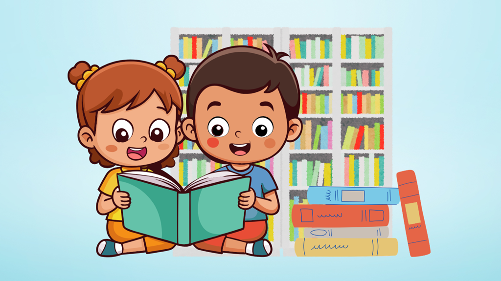 Karikatūra, kurā attēlots zēns un meitene, kas sēž uz grīdas un kopā lasa grāmatu, ar lielu grāmatu plauktu un grāmatu kaudzi aiz viņiem.