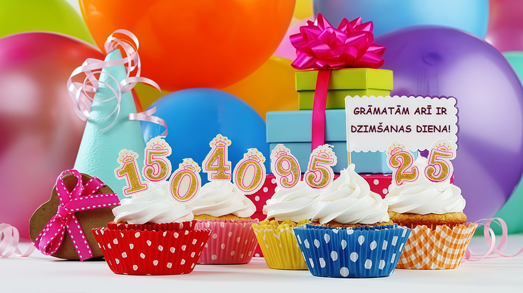 Krāsainas dzimšanas dienas kēksiņi ar dekoratīvām skaitļu svecēm, ko ieskauj baloni un dāvanu kastītes.