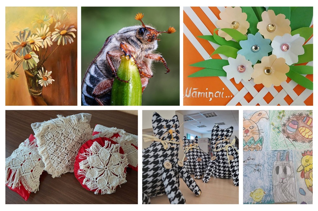 Sešu attēlu kolāža: margrietiņu glezna, vabole uz lapas, papīra ziedi, tamborēti spilveni, auduma amatniecības kaķi un bērnu dzīvnieku zīmējumi.