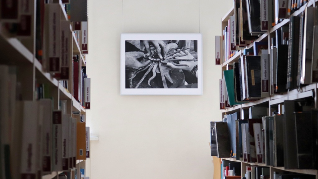 Bibliotēkas eja ar plauktiem, kas izklāti ar grāmatām. Tālākās sienas centrā ir melnbalta fotogrāfija, kurā daudzas rokas mijiedarbojas ar priekšmetiem, radot intriģējošu iespaidu.