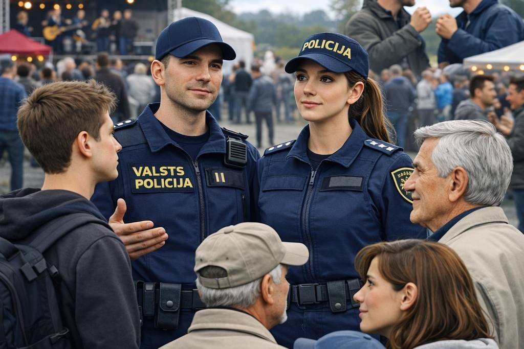 Divi policisti zilās uniformās iesaistās smaidošā pūlī pasākumā brīvā dabā. Teltis un cilvēki rada dzīvīgu, viesmīlīgu atmosfēru.