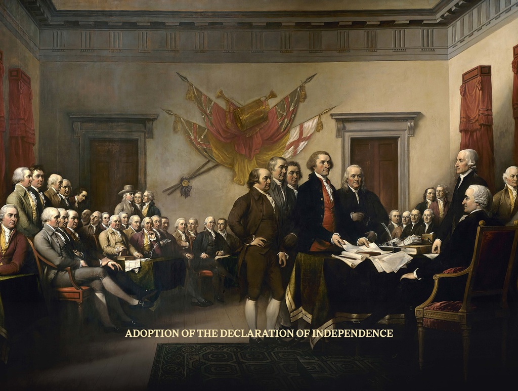 Vēsturiska glezna attēlo Neatkarības deklarācijas parakstīšanu, kurā ap galdu pulcējusies vīriešu grupa 18. gadsimta tērpos.