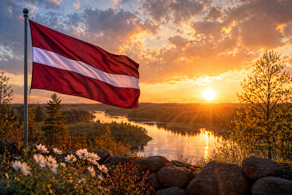 Saulriets virs mierīgas upes ainavas ar Latvijas karogu priekšplānā. Debesis ir košas, un pie akmens sienas zied puķes.