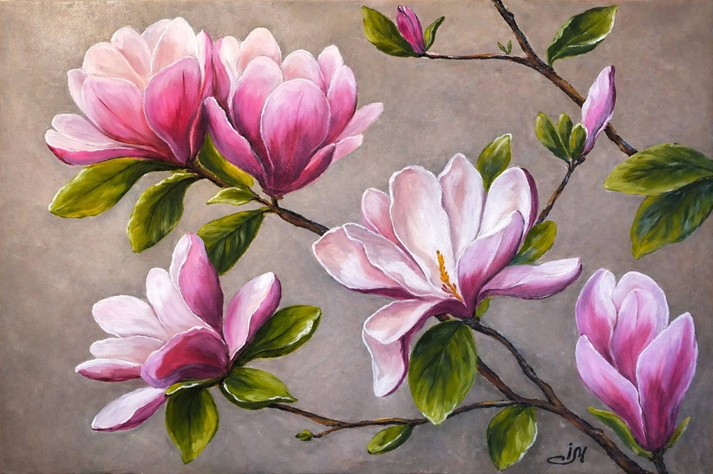Gleznojums, kurā attēlotas ziedošas rozā magnolijas ar sulīgi zaļām lapām uz savstarpēji savijušamies zariem uz neitrāla fona, radot mierīgu un dzīvīgu noskaņu.