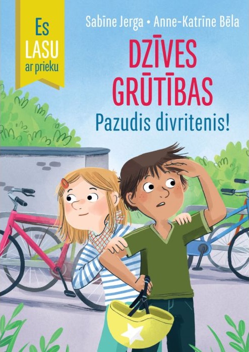 Bērni satraukti stāv velosipēdu novietnes priekšā, un viens velosipēds ir pazudis. Šķiet, ka viņi to meklē, un viņus ieskauj krāsaini velosipēdi un zaļumi.