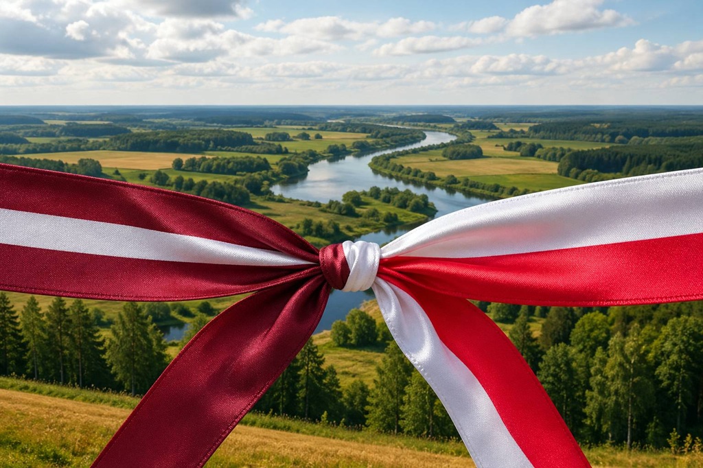 Caur sulīgi zaļiem laukiem, ko ieskauj koki, plūst līkumota upe. Priekšplānā sarkanbalta lente ir eleganti sasieta bantītē.