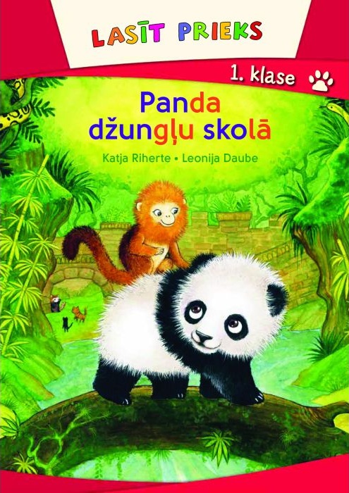 "Lasīt Prieks 1. klase" vāks. Panda ar pērtiķi uz muguras sulīgā džungļu vidē ar košu zaļumu un rotaļīgu noskaņu.