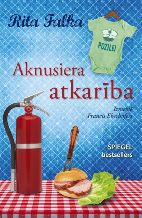 Grāmatas vāks ar sarkanu ugunsdzēšamo aparātu, uz pakaramā uzlikts zīdaiņa tērps ar uzrakstu "Pozilei", sagriezta gaļa ar salātiem uz maizes un uzraksts "Aknusiera atlaidība". Rotaļīgs tonis.