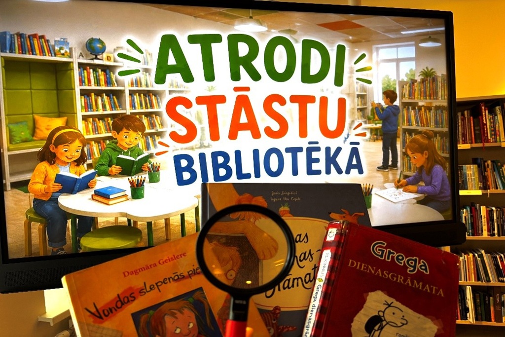 Krāsains bibliotēkas plakāts ar trekniem burtiem rakstītu "Atrodi stāstu bibliotēkā". Bērni lasa grāmatas pie apaļa galda, ko ieskauj plaukti. Ar palielināmo stiklu tiek fokusēts grāmatu vāks.