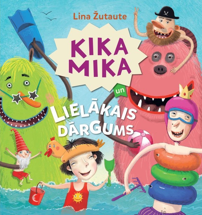 Krāsains bērnu grāmatas vāks ar rotaļīgiem tēliem, tostarp bērniem baseina ekipējumā un draudzīgiem monstriem, ar priecīgu, piedzīvojumiem bagātu noskaņu.