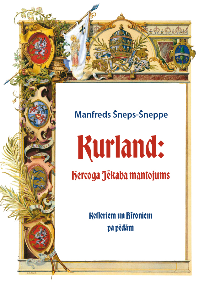 Grāmatas vāku rotā grezni heraldiski raksti ar sarkanā un zelta ģerboņiem un kroņiem, kas ieskauj ar trekniem sarkaniem burtiem rakstītu nosaukumu "Kurland".