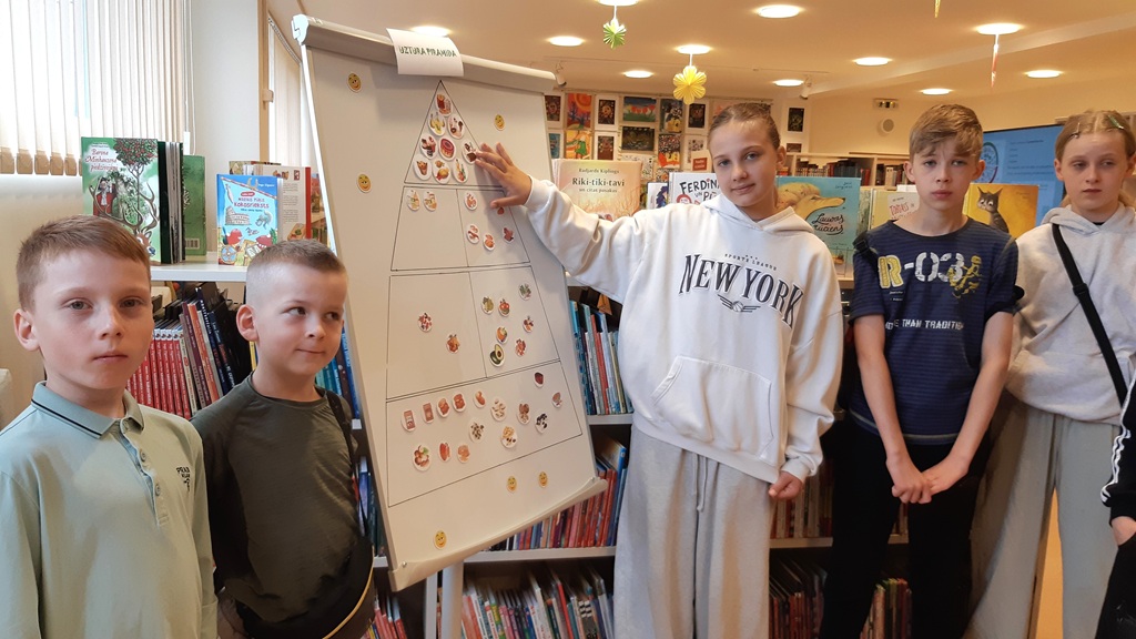 Bērnu grupa stāv bibliotēkā pie molberta un pēta uztura piramīdu. Meitene baltā džemperī ar uzrakstu 'NEW YORK' rāda uz piramīdas augšējo daļu, kamēr pārējie nometnes dalībnieki stāv blakus un pozē kamerai. Fonā redzami grāmatu plaukti un bērnu literatūra.