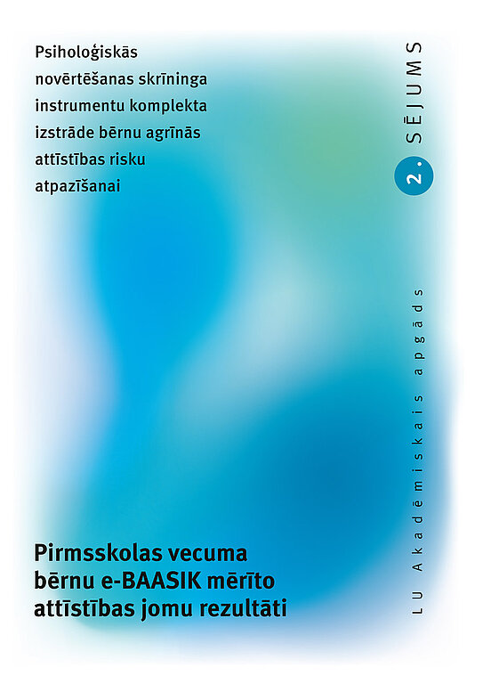 Publikācijas vāks ar izplūdušu zilu un zaļu fonu. Teksts latviešu valodā apraksta psiholoģiskās novērtēšanas rīku. Vertikāls teksts sānos.