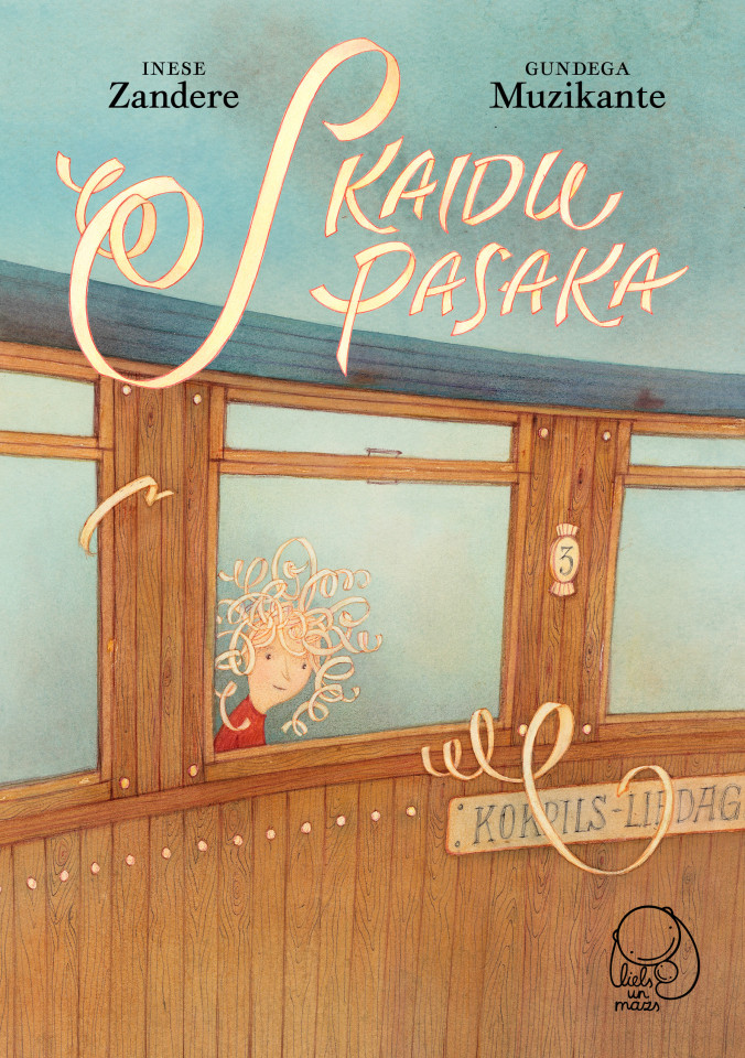 Bērnu grāmatas vāks, uz kura attēlota meitene, kas sēž vilcienā, ko ieskauj krāsainas ilustrācijas un rotaļīga tipogrāfija.