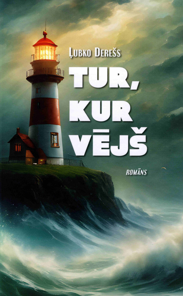 Bāka stāv uz klints vētrainā jūrā ar dramatiskiem viļņiem zem mākoņainas debess. Treknrakstā balts teksts attēlo grāmatas nosaukumu, radot saspringtu, piedzīvojumiem bagātu toni.