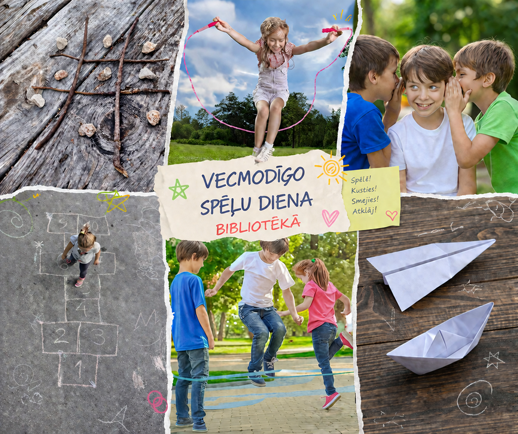 Kolāža ar fotogrāfijām no bērnu aktivitātēm ārā, kas ilustrē bibliotēkas rīkoto "Vecmodīgo" spēļu dienu. Attēlos redzami bērni, spēlējot klasītes sazīmētas ar krītu uz asfalta, citā attēlā meitene lec ar lecamauklu, trīs bērni spēlē "Klusos telefonus", uz grīdas novietoti salocīts papīra kuģis un lidmašīna. Centrā teksts "Vecmodīgo spēļu diena bibliotēkā"
