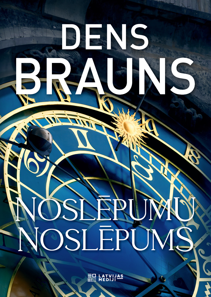 Grāmatas "Noslēpumu noslēpums" vāks, autors Dens Brauns, fonā astronomiskais pulkstenis