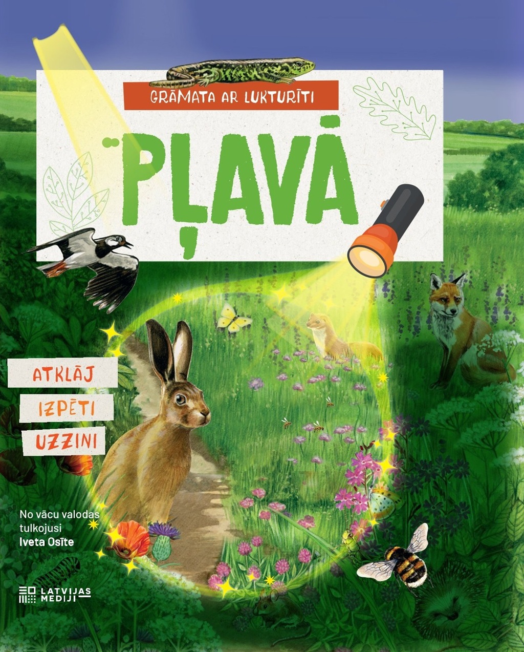 Interaktīvās bērnu grāmatas "Pļavā" vāks. Zaļas pļavas ainava ar lukturīša gaismas kūli, kurā redzams zaķis, lapsa un dažādi pļavas kukaiņi un putni