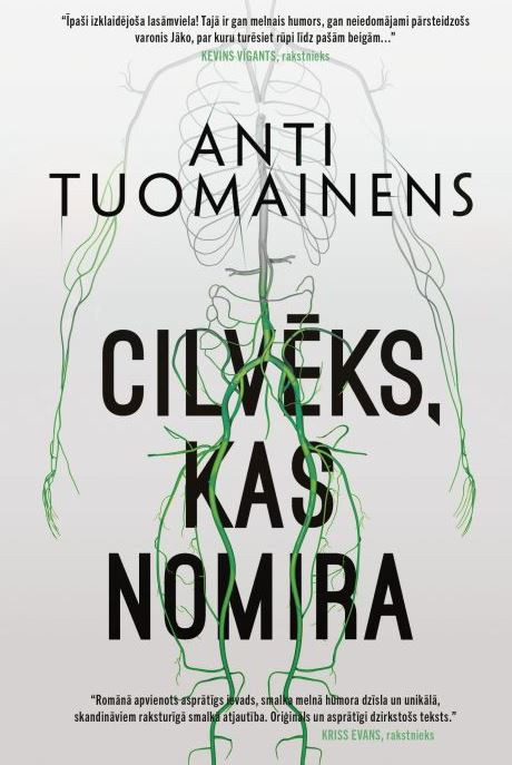Grāmatas "Cilvēks, kas nomira" vāks ar zaļu un pelēku asinsvadu kontūru zīmējumu uz balta fona.