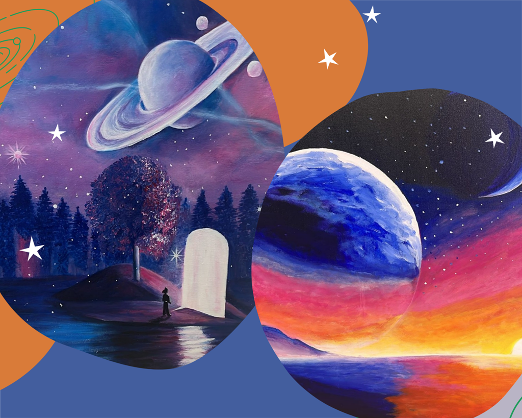 Kosmiskas tematikas mākslas darbu kolāža ar planētām, zvaigžņotām debesīm un sirreālu ainavu ar gaismas vārtiem.
