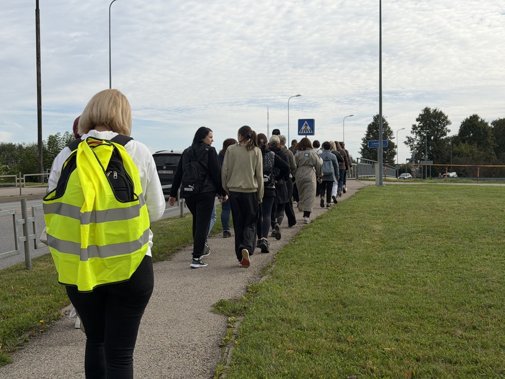 Cilvēku grupa ar atstarojošu vesti priekšplānā iet pa gājēju celiņu gar ceļu
