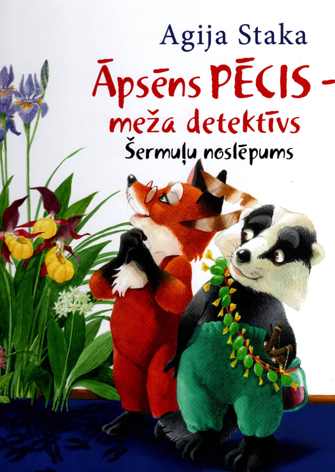 Agijas Stakas bērnu grāmatas "Āpsēns Pēcis – meža detektīvs. Šermiļu noslēpums" vāks ar ilustrētiem dzīvniekiem – lapsu un āpsēnu – dabiskā vidē un meža ziediem