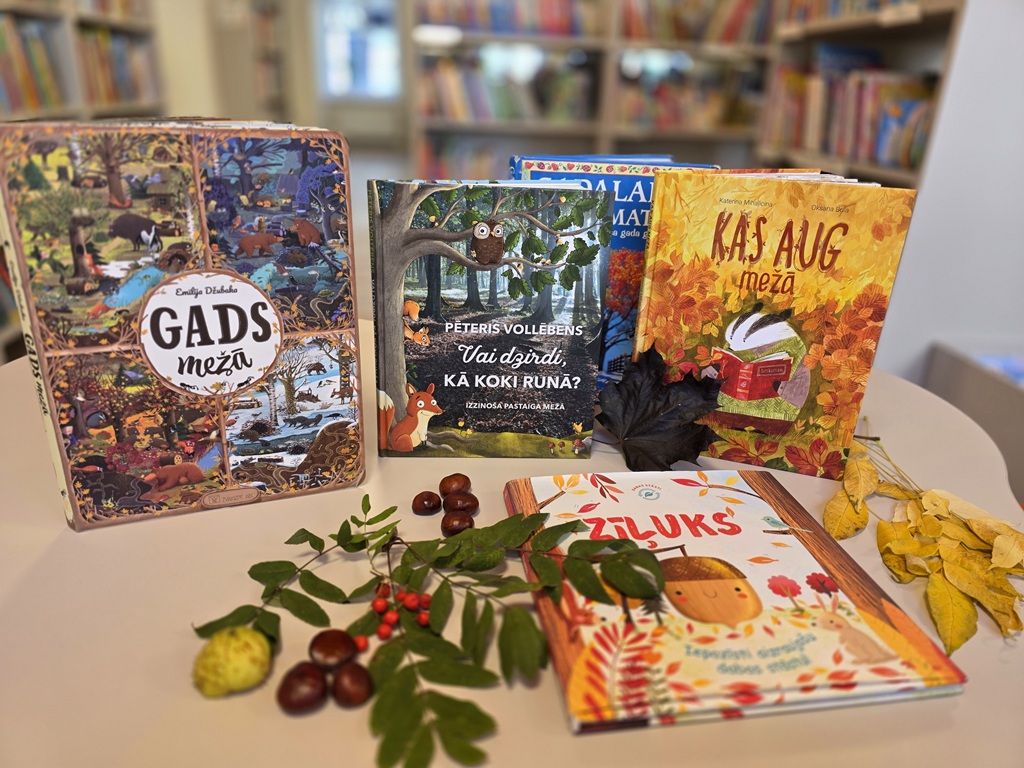 Bibliotēkas grāmatu izstāde par meža un dabas tēmu ar rudens tematikas grāmatām, kastaņiem un pīlādžu zariem