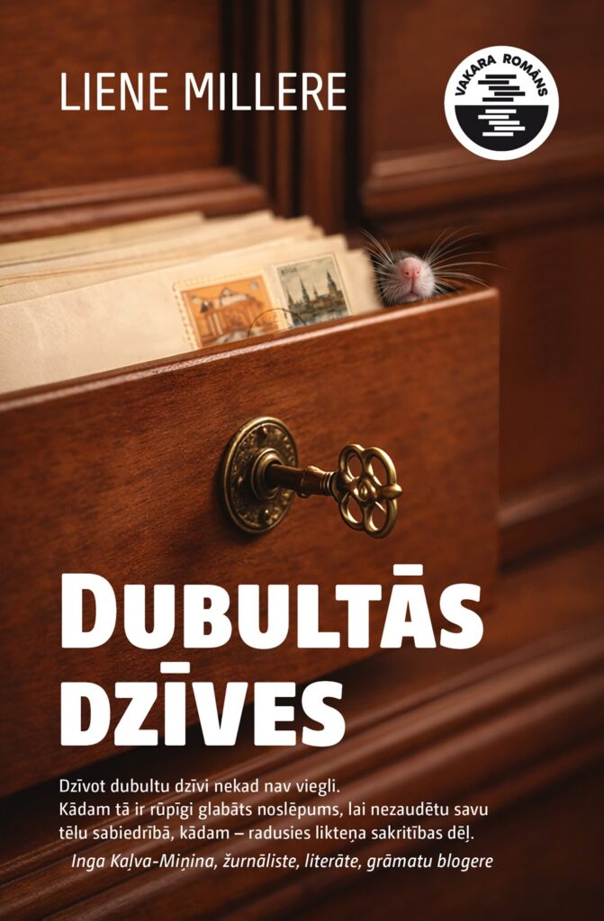 Lienes Milleres grāmatas "Dubultās dzīves" vāks ar koka atvilktni, vēstulēm, atslēgu un nelielu grauzēju, kas skatās no atvilktnes