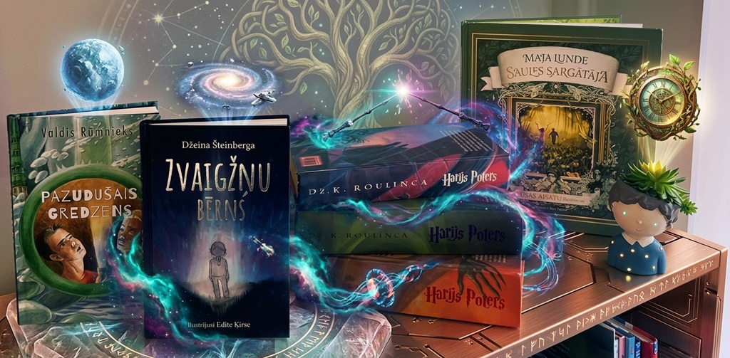 Zinātniskās fantastikas un fantāzijas grāmatas, tostarp "Zvaigžņu bērns" un "Harijs Poters", ar burvju nūjiņām un gaismas spīduma efektiem.