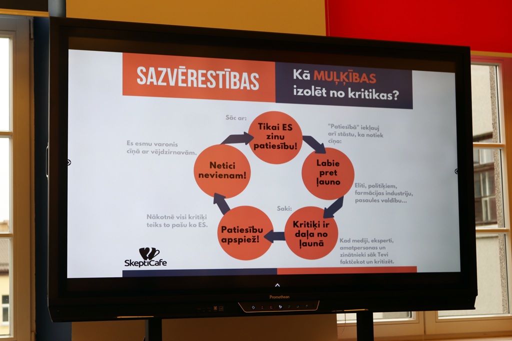 Interaktīvais ekrāns ar shēmu par sazvērestībām un tēmu "Kā muļķības izolēt no kritikas?" semināra laikā