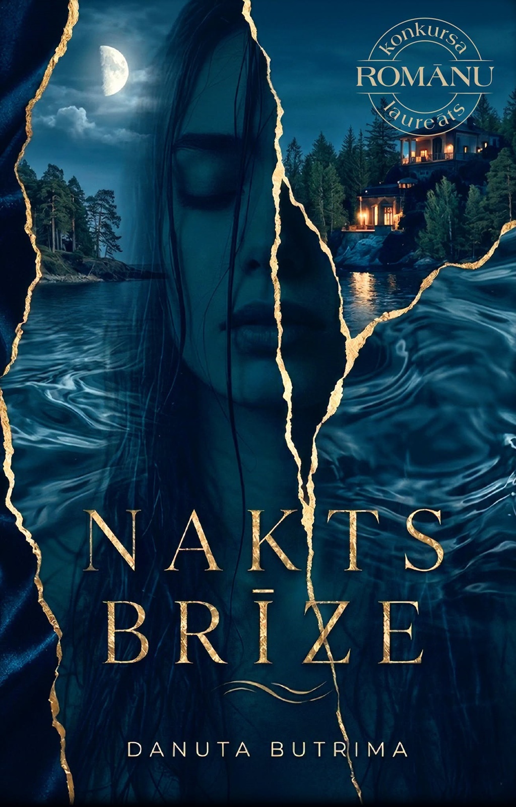 Danutas Butrimas romāna "Nakts brīze" grāmatas vāks ar noslēpumainu sievietes seju, ūdeni un nakts ainavu