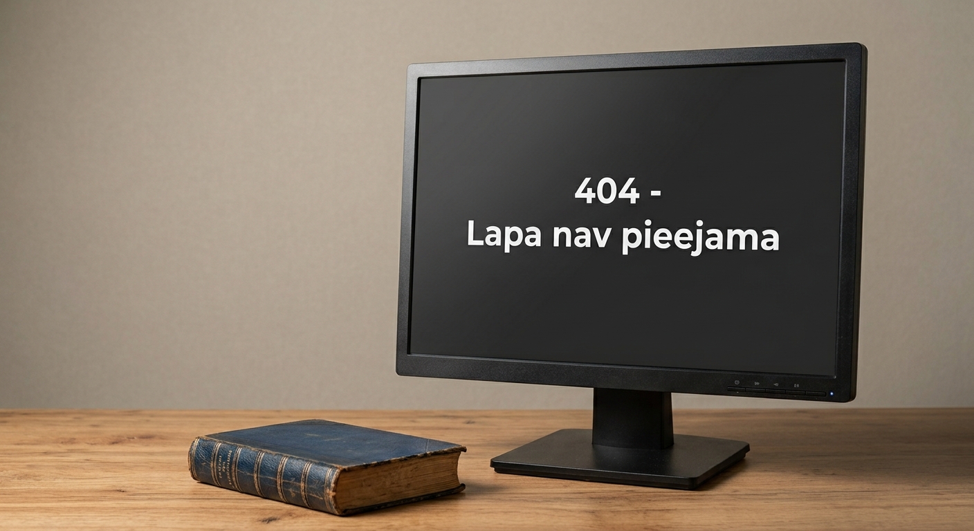 Fonā galds uz kura novietots monitors un tumša grāmata. Monitora tumšajā ekrānā uzraksts "404 - lapa nav pieejama"