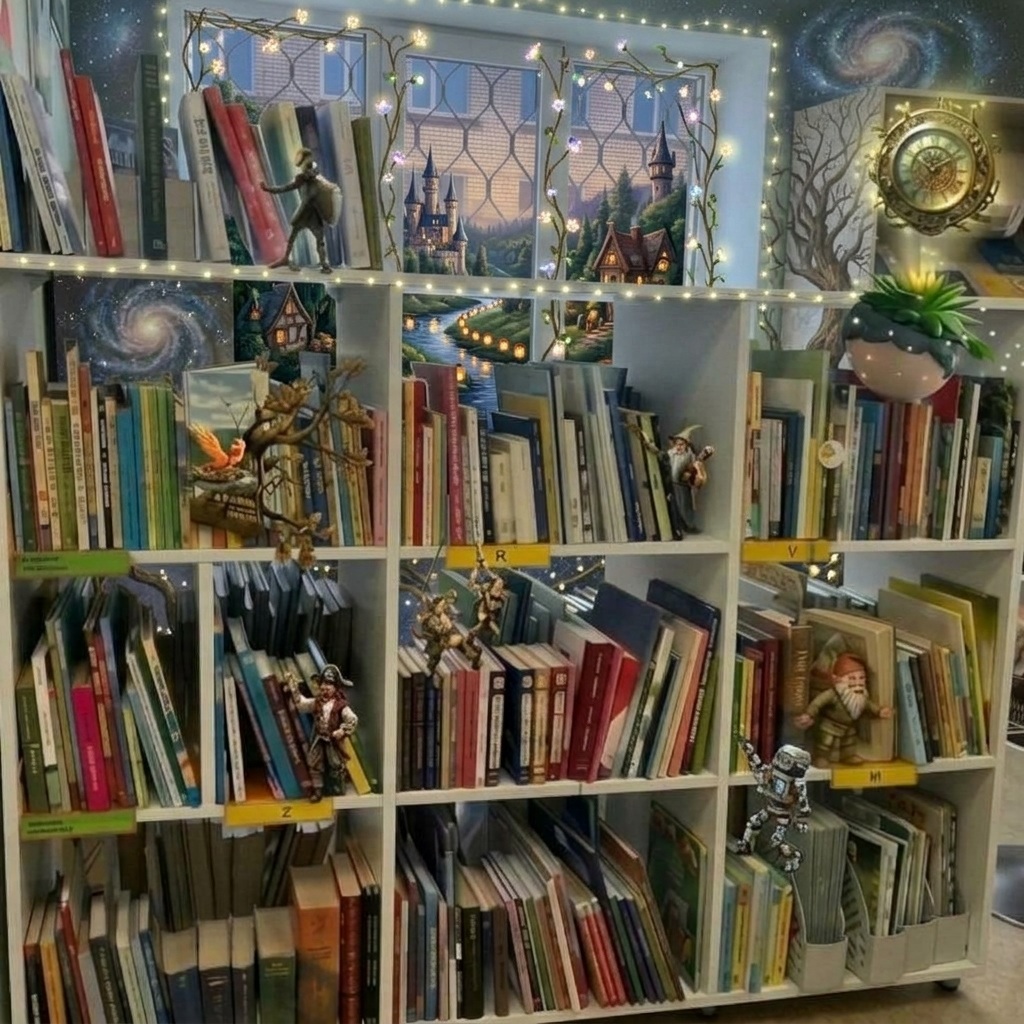 Plaša bērnu literatūras grāmatplaukta sekcija ar alfabetizētiem plauktiem, dekoratīvām gaismiņām, pirātu un pasaku tēlu figūrām.