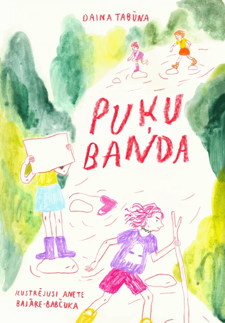 Dainas Tabūnas grāmatas "Pūķu banda" vāks ar bērnu ilustrācijām un zaļu fonu