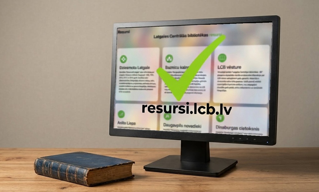 Datora ekrānā redzams Latgales Centrālās bibliotēkas e-resursu katalogs. Ekrāna centrā ir spilgti zaļš ķeksis un tumšs uzraksts resursi.lcb.lv. Blakus monitoram uz koka galda atrodas sena grāmata.