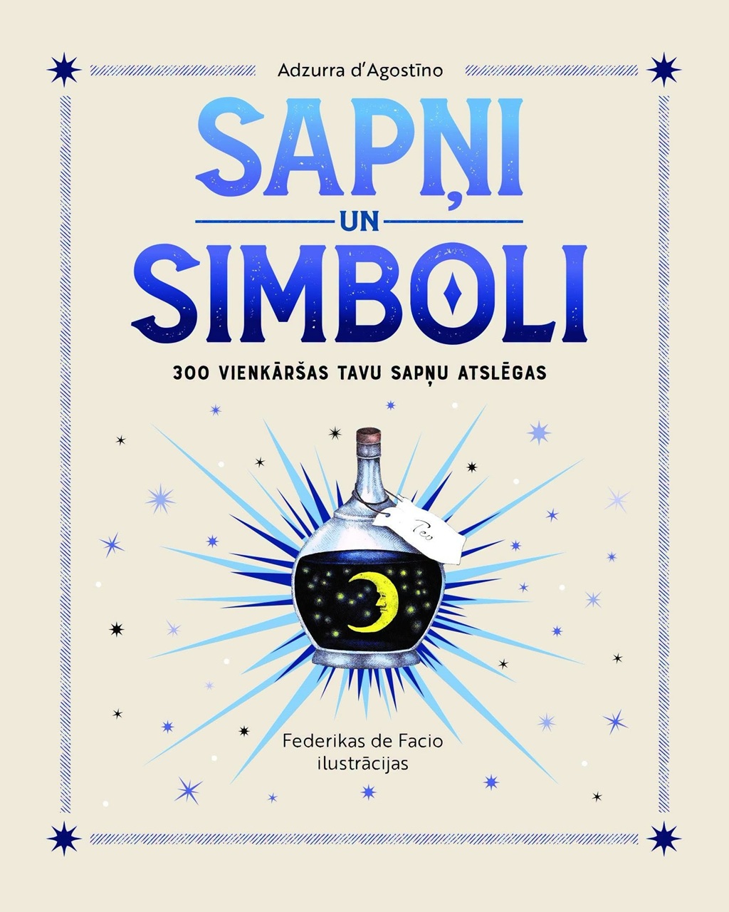 Adzurras d'Agostīno grāmatas "Sapņi un simboli" vāks ar ilustrētu burku, mēnesi un zvaigznēm